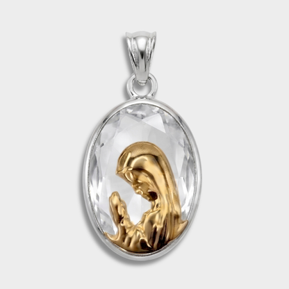 Medalla Virgen Niña, Oro 18K, Plata y Cristal