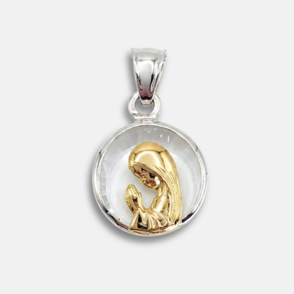 Medalla Virgen Niña, Oro 18K, Plata y Cristal