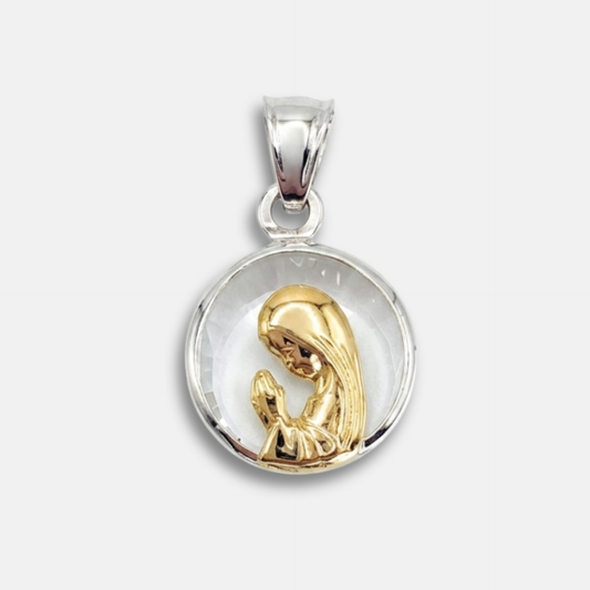 Medalla Virgen Niña, Oro 18K, Plata y Cristal