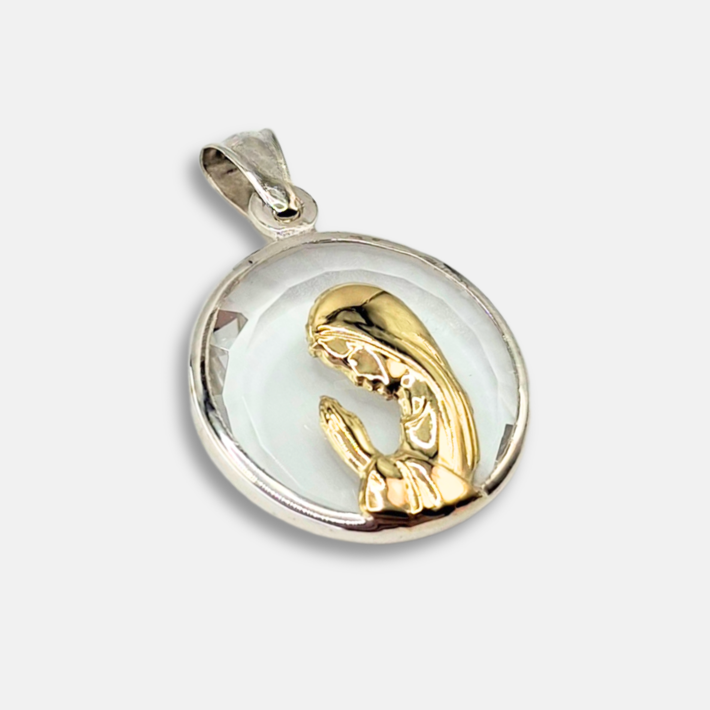 Medalla Virgen Niña, Oro 18K, Plata y Cristal