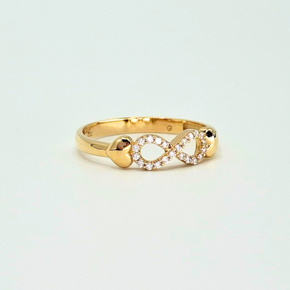 Anillo infinito con circones y corazones, oro 18k