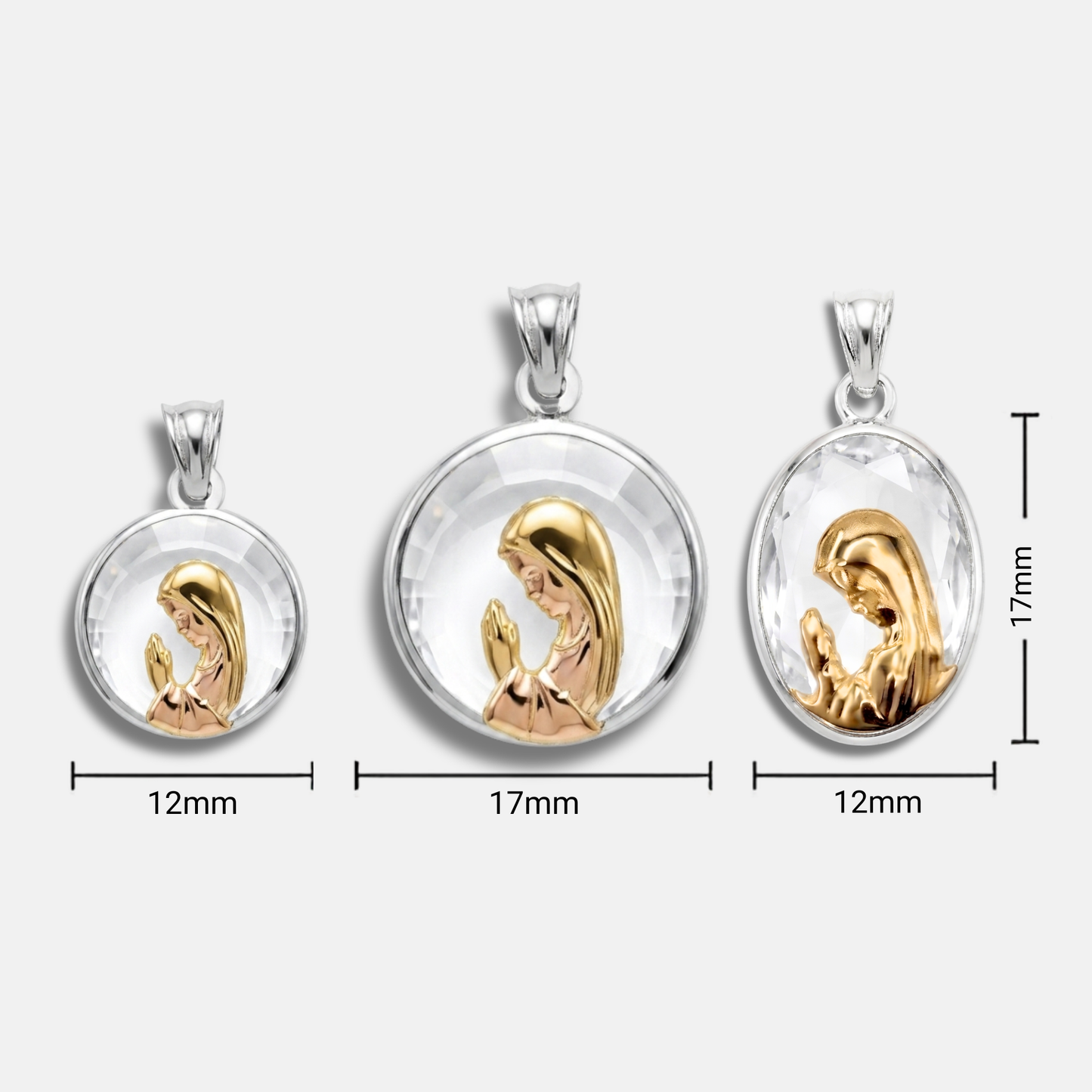 Medalla Virgen Niña, Oro 18K, Plata y Cristal